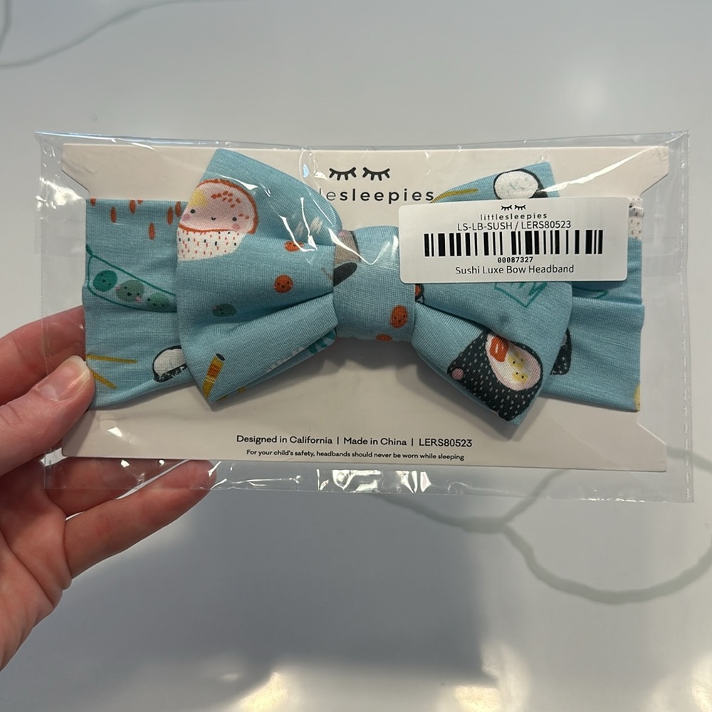 NWT little sleepies blue sushi print luxe bow headband fits size newborn - 3T